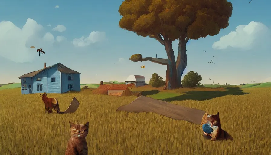 Prompt: gigantic cat next to the small house, wheat field harvesting, big tree, person, matte painting, art station, blue sky, simon stalenhag