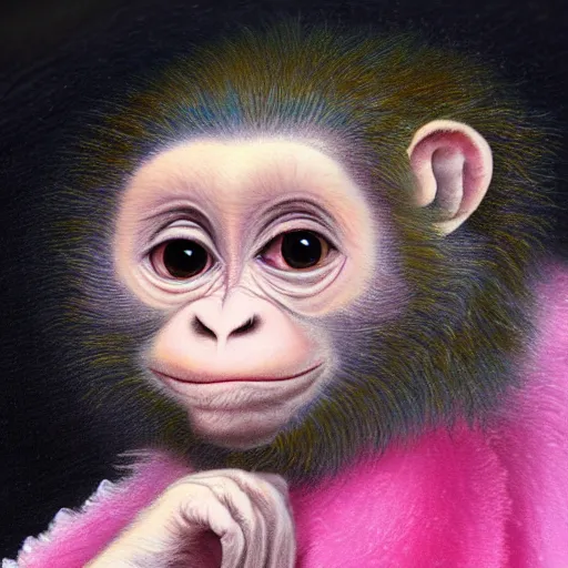 Prompt: baroque rococo painting Royal Fancy Baby Monkey Hildebrandt Lisa Frank high detail cute adorable whimsical up close simian ape monkey ribbon pink fur