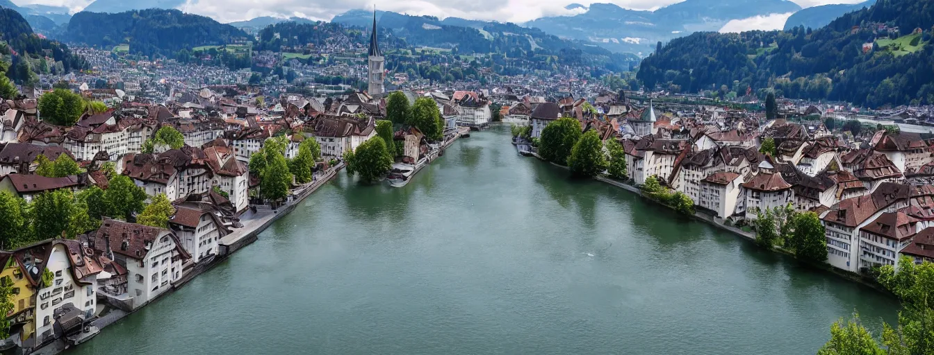 Image similar to Photo of Zurich, looking down the Limmat at the lake and the alps, Hardturm, Grossmünster, Lindenhof, Üetliberg, wide angle, volumetric light, hyperdetailed, light blue water, artstation, cgsociety, 8k