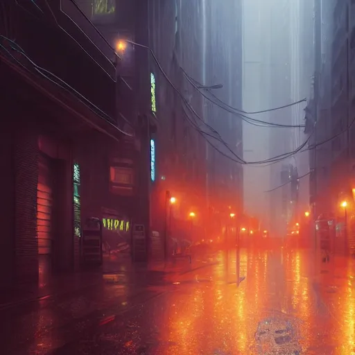 wet cyberpunk streets at night with thick yellow smog, | Stable ...
