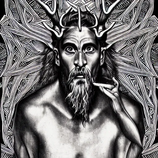 Prompt: Dramatic portraiture of Uuen, the Pictish god of stags, mixed media, trending on ArtStation, by Virgil Finlay and ArtGerm and Lucian Freud, luminism