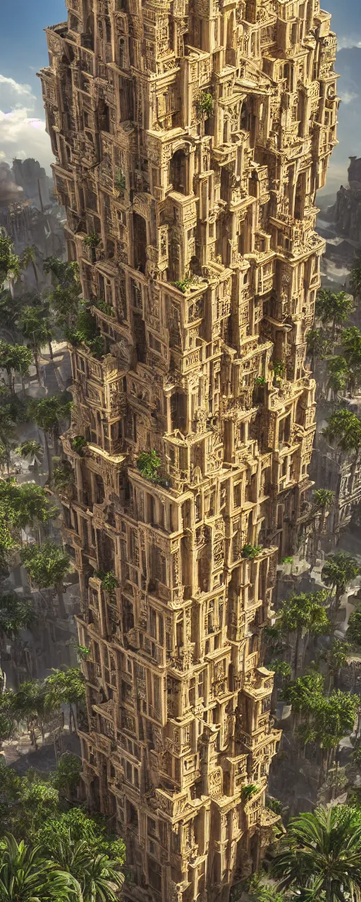 Prompt: photorealistic eye level babylon tower, golden intricate details, stone facade, sacred ancient architecture, hanging gardens, cascading highrise, arid mountains with lush palm forest, sunlight, post - production, octane, cgi, sfx