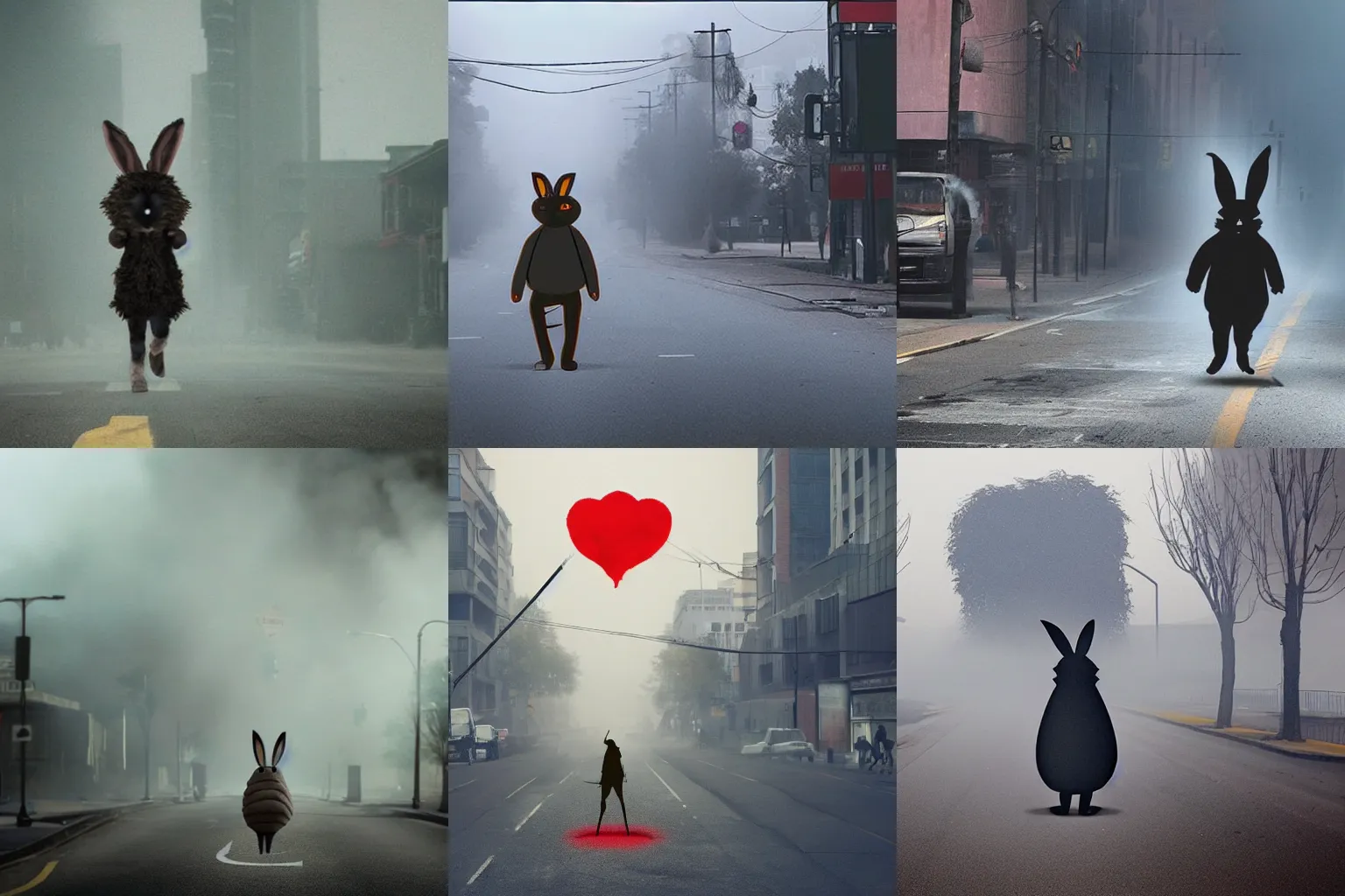 Prompt: a giant super bunny walking in the street smoke on the ground post apocalyptic