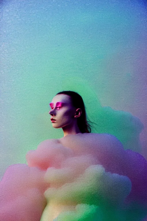 Image similar to high quality pastel coloured film close up wide angle photograph of a model wearing clothing swimming on cloud furniture in a icelandic black rock!! environment in a partially haze filled dreamstate world. three point light, rainbow. photographic production. art directed. pastel colours. volumetric clouds. pastel gradient overlay. waves glitch artefacts. extreme facial clarity. 8 k. filmic.