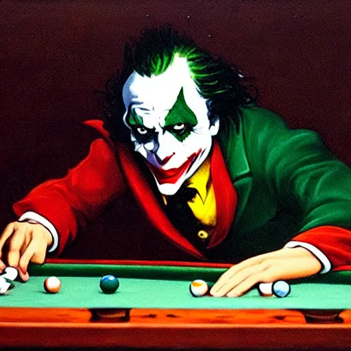 Prompt: the joker playing pool painted by goya