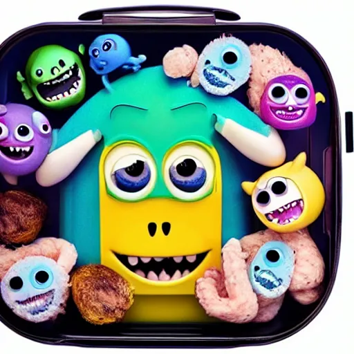 Image similar to cute monster in a lunch box by pixar, product photography, centered, studio lightning