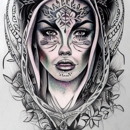 Image similar to tattoo design of a beautiful girl face, hyper detailed, in the design of eliot kohek
