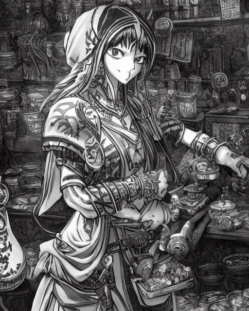 Prompt: A merchant selling treasuries and potions, high detailed store, black and white, fantasy art, in the style of masami kurumada, illustration, epic, fantasy, intricate, hyper detailed, artstation, concept art, smooth, sharp focus, ray tracing