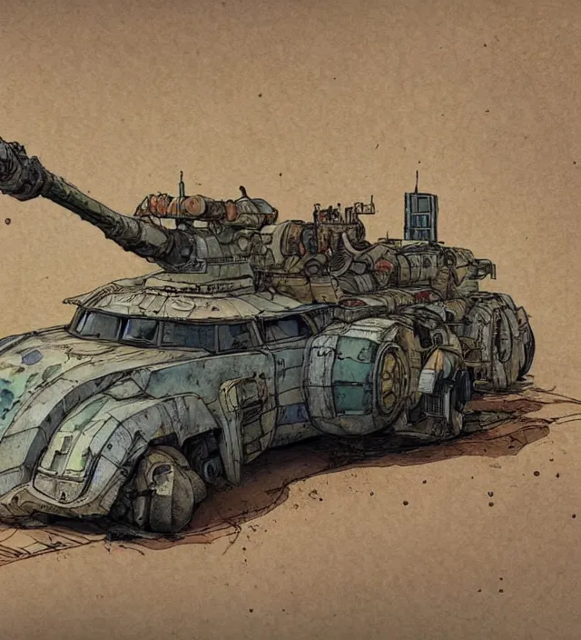 Prompt: a 3 / 4 view watercolor ink painting of a post - apocalyptic mad max / fallout style tank in the style of jean giraud in the style of moebius trending on artstation deviantart pinterest detailed realistic hd 8 k high resolution