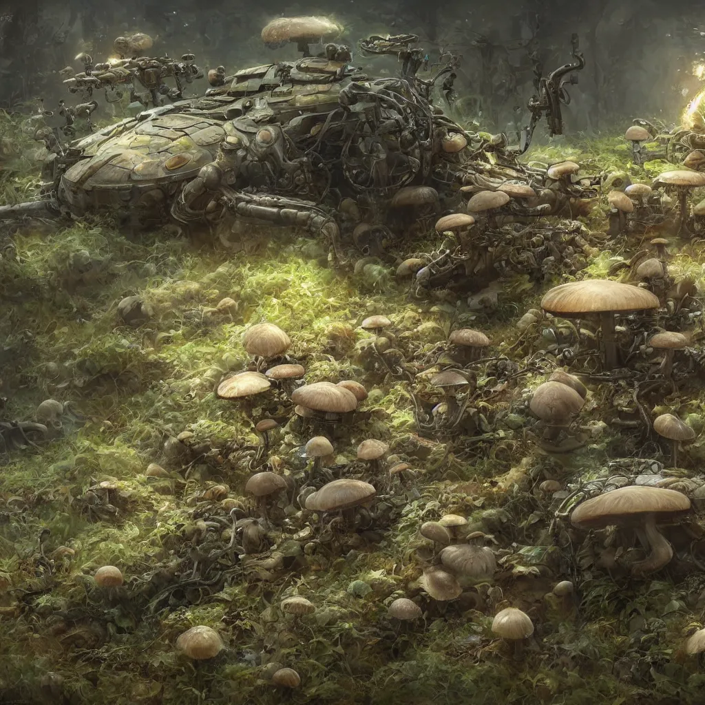 Image similar to a bio - mechanical tank with mushrooms as camouflage highly detailed, digital painting, artstation, concept art, smooth, sharp focus, elegant, illustration, unreal engine 5, 8 k, art by artgerm and greg rutkowski and edgar maxence