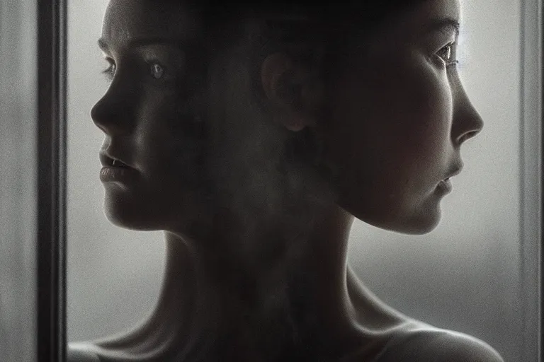 Prompt: an ultra realistic, cinematic, close up portrait, of a young woman, looking in the window, fire, dramatic, soft light, dreamy, facial features, stood in a cell, with prison clothing, detailed, deep focus, movie still, dramatic lighting, ray tracing, by michal karcz and yoshitaka