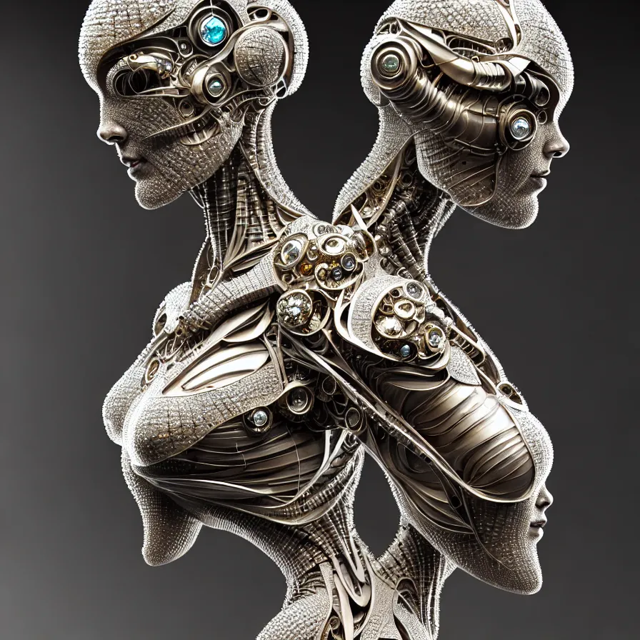 Image similar to organic cyborg, diamond sculpture, baroco style, diffuse lighting, fantasy, intricate, elegant, highly detailed, lifelike, photorealistic, digital painting, artstation, illustration, concept art, smooth, sharp focus, by john collier and albert aublet and krenz cushart and artem demura and alphonse mucha.