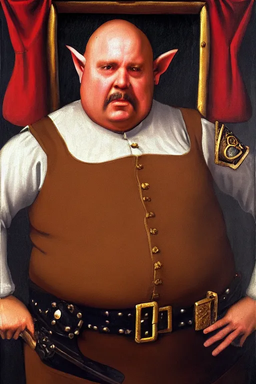 Image similar to high fantasy elf mall cop at a tavern with a sheriff's badge that is fat, shifty, and incompetent, portrait from the chest up, Famous painting by Renaissance Painter Carvagio, Oil Painting, hyper realistic,, 8k UHD scan