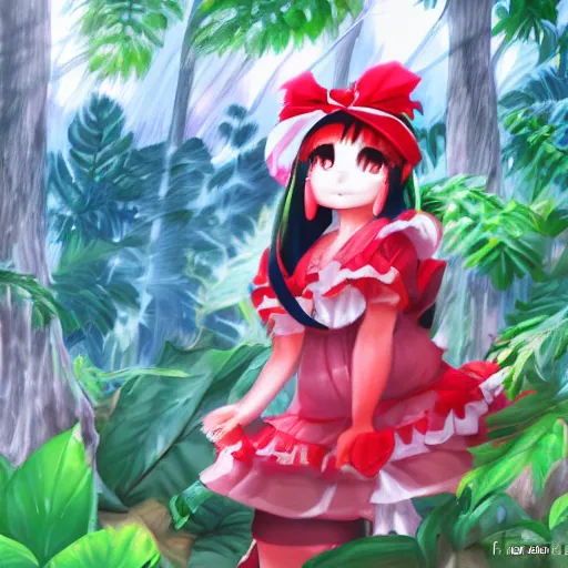 Image similar to a painttoolsai of reimu in the jungle wearing bonnet