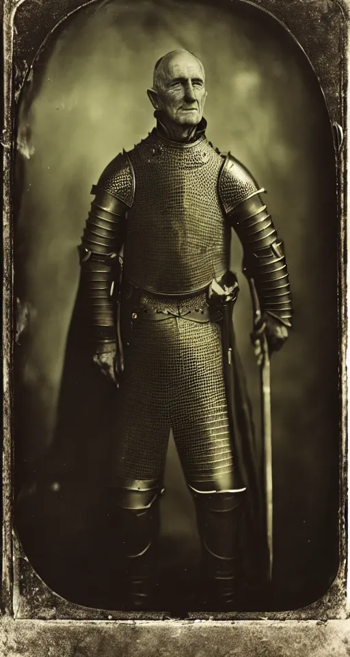 Image similar to a wet plate photograph, a portrait of an old knight