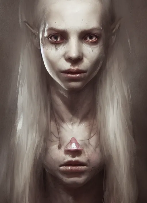 Image similar to portrait of sinister girl with thin evil lips, skeksis, unforgiving, bandaid on nose, expressive eyes, full body, translucent skin, greg rutkowski, charlie bowater, yuumei, stephen gammell, unreal 5, daz, hyperrealistic, octane render, rpg portrait, dynamic lighting, fantasy art, beautiful face