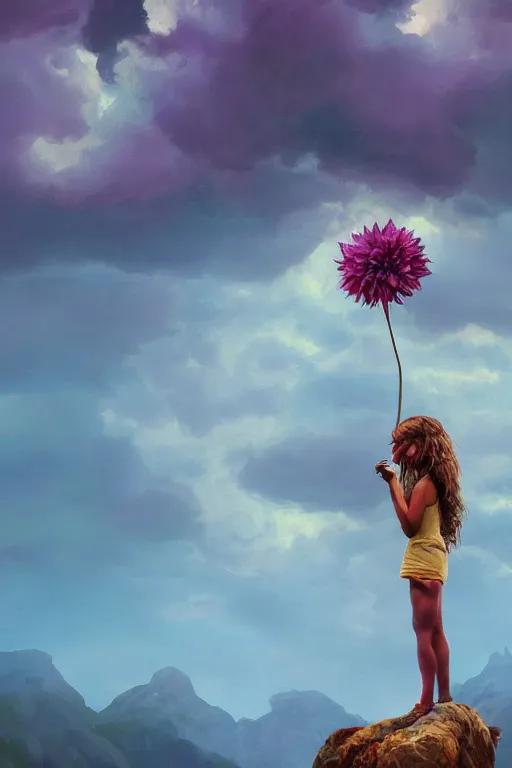 Image similar to closeup giant dahlia flower as head, girl standing on mountain, body of ronnie coleman, surreal photography, blue storm clouds, dramatic light, impressionist painting, digital painting, artstation, simon stalenhag