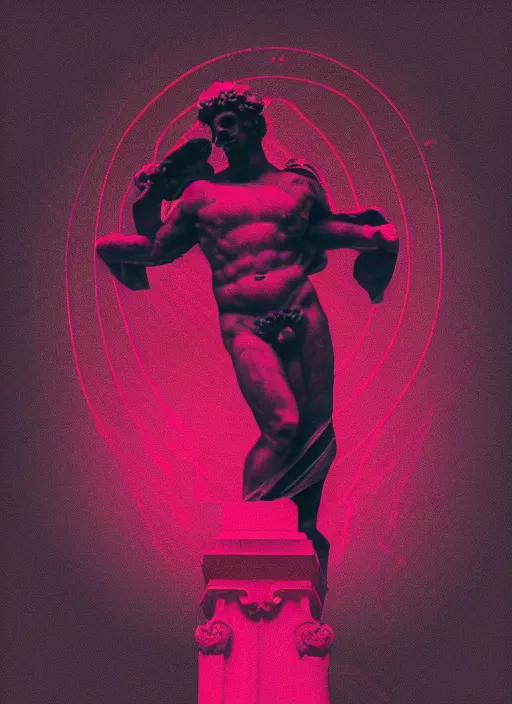 Image similar to black background with subtle red and purple design elements, closeup of a greco roman statue, grey, nekro, thin lines, dark, glitch art, neo vaporwave, gritty, layout frame, trending on artstation