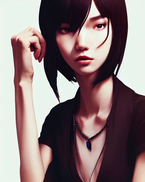 Image similar to full 1 2 0 mm necklace portrait of a beautiful slender kazakh girl, in tshirt, furious, by saruei and guweiz and ilya kuvshinov and rockwell and warhol digital art, ultra clear and sharp focus, trending on artstation hq, deviantart, pinterest, unreal engine 5, 4 k uhd image