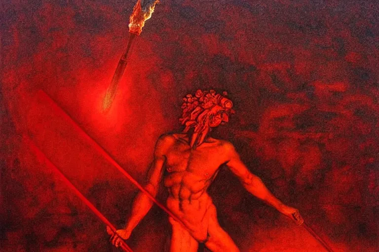 Image similar to only with red, a red melted apollo with a laurel wreath and a flaming sword announce the win, athens in the background, in the style of beksinski, part by hopper, part by rodcenko, part by hofbauer, intricate composition, red by caravaggio, insanely quality, highly detailed, masterpiece, red light, artstation