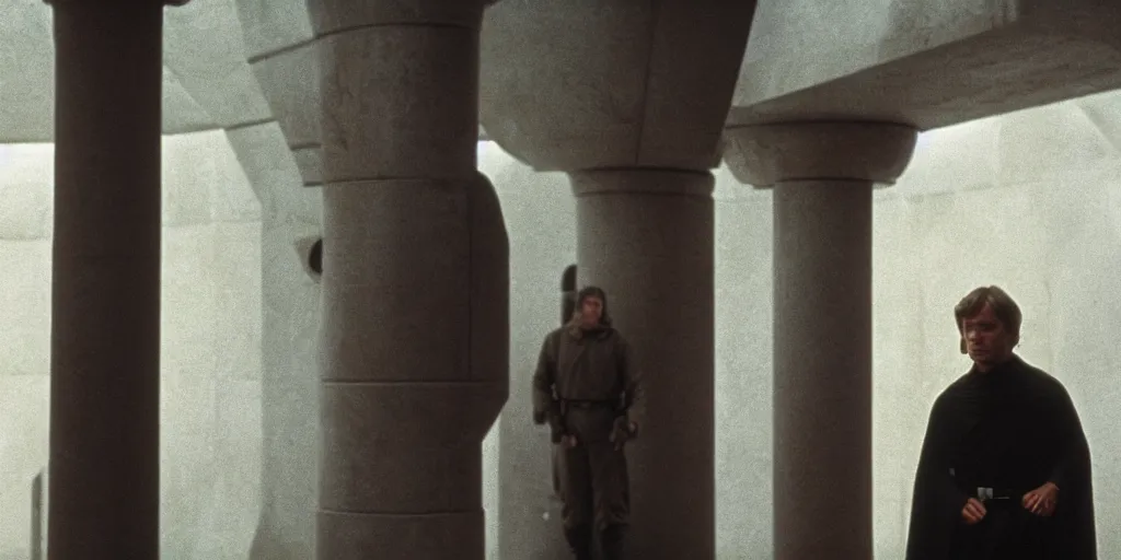 Image similar to screenshot of master Luke Skywalker played by Mark Hammil standing alone in the Jedi Temple, 1970s thriller by Stanely Kubrick film, color kodak, ektochrome, anamorphic lenses, detailed faces, hyper realistic, photoreal, detailed portrait, moody cinematography, strange lighting