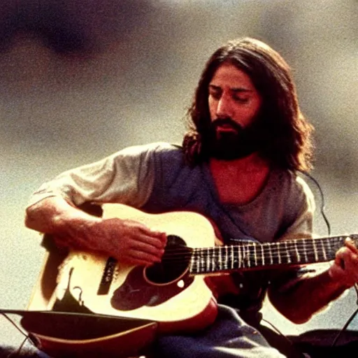 Image similar to Concert footage of Jesus playing guitar at Woodstock