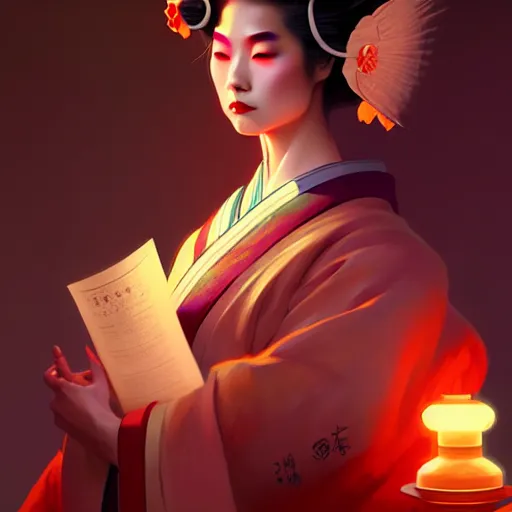 Image similar to pretty geisha, d & d digital painting, ultra realistic, beautiful, volumetric lighting, warm colors advance, cell shading, by james jean, greg rutkowski, wlop