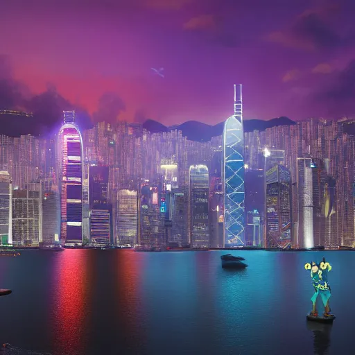 Image similar to ultra photorealistic film still of hong kong skyline. sparkling lights, wide shot, frog perspective, ultra sharp, wes anderson, studio ghibli, pixar and disney animation, octane render, anime key art by greg rutkowski, bloom, dramatic lighting,