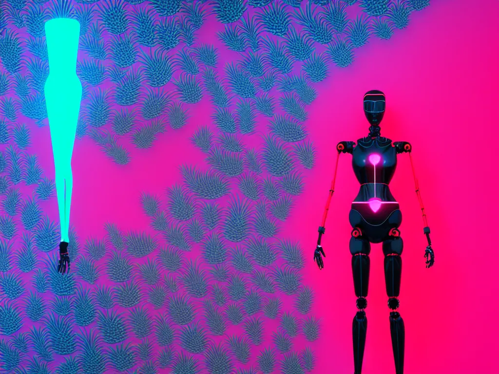 Image similar to beautiful tall female robot printed with red and black 3 d geometrical neon facing a doorway opening with neon pink geometric fractal light + a portal to a vaporwave world, flowering pineapples, transcendent, clean linework, dramatic, finely detailed, 4 k, trending on artstation, photorealistic, volumetric lighting, octane render