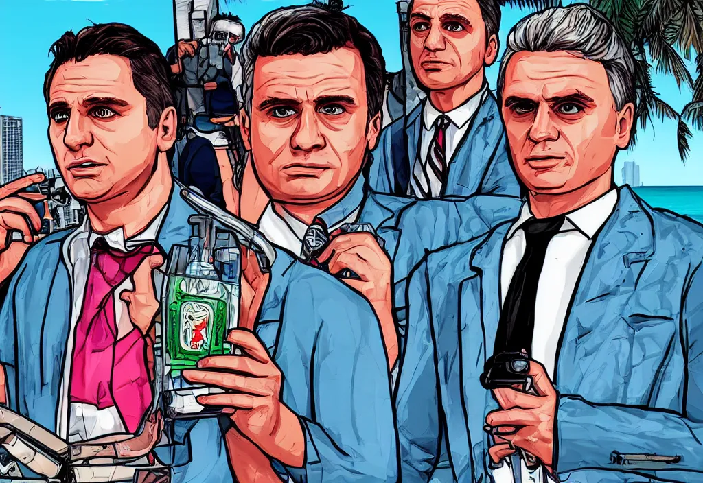 Prompt: a young josef ratzinger in grand theft auto loading screen, gta art style, illustration, beach, miami, vice city