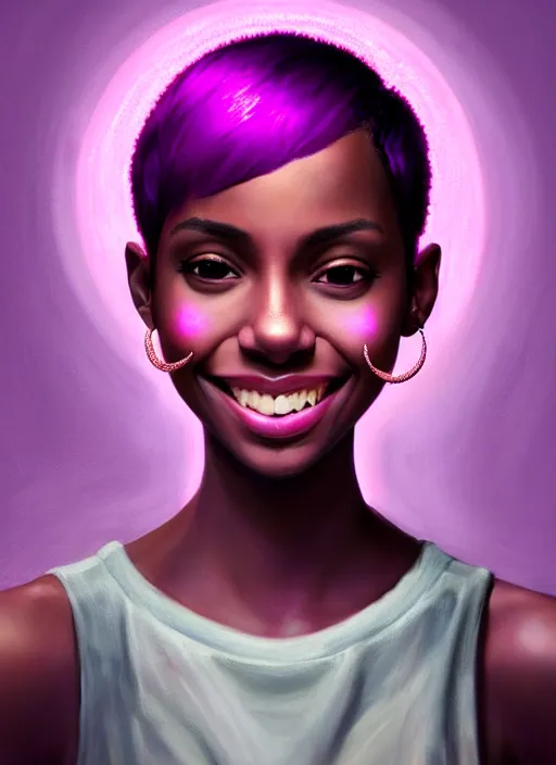 Image similar to portrait of vanessa morgan, black teenage girl, pink curly pixie cut hair, purple cap, hoop earrings, subtle confident smile, intricate, elegant, glowing lights, highly detailed, digital painting, artstation, concept art, sharp focus, illustration, art by wlop, mars ravelo and greg rutkowski