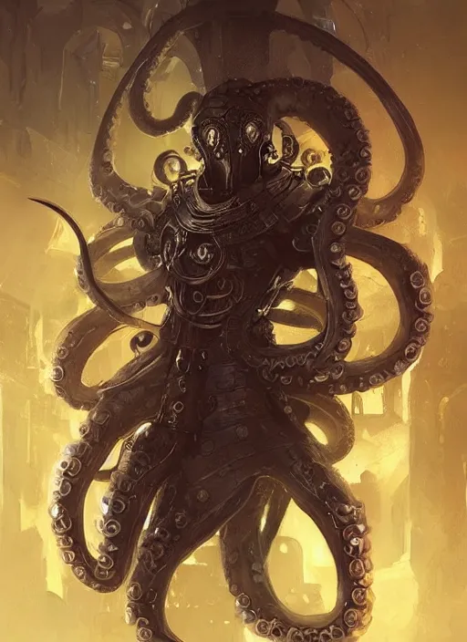 Prompt: An octopus wearing medieval knights armor but at the same time looking cyberpunk, intricate, elegant, digital painting, concept art, smooth, sharp focus, illustration, from StarCraft by Ruan Jia and Mandy Jurgens and Artgerm and William-Adolphe Bouguerea