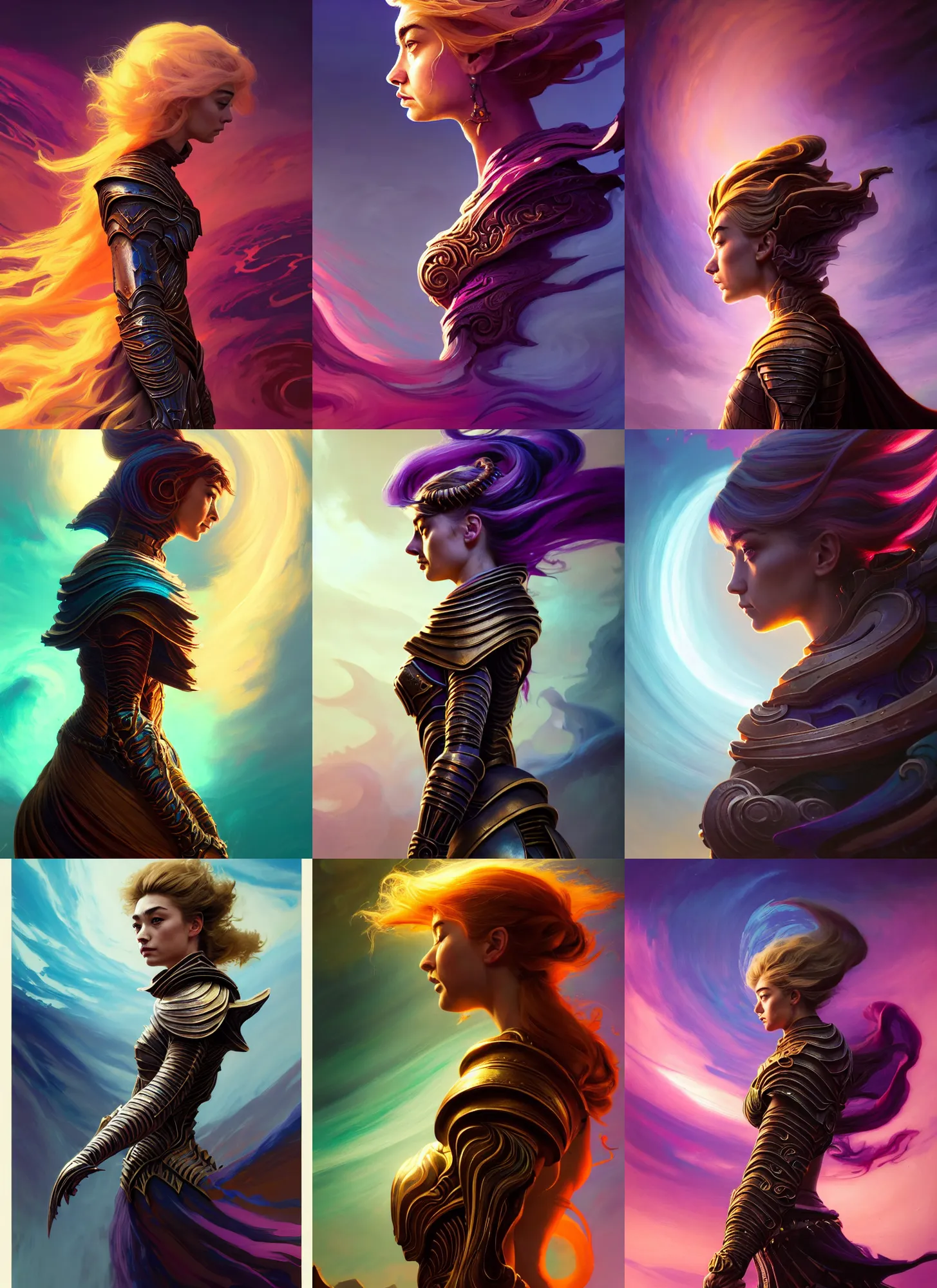 Prompt: side portrait, imogen poots, paladin, gloomhaven, fantasy armor, colorful swirly ripples, gaudy colors, soft, luminescent, organic matte painting, dune, by greg manchess, huang guangjian, greg rutkowski, jesper ejsing, magali villeneuve, artgerm, ilya kuvshinov