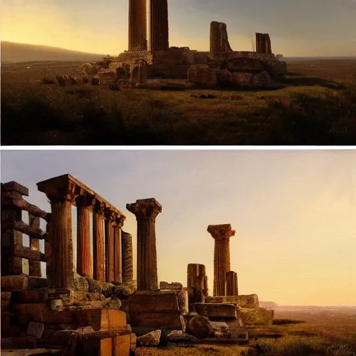 Prompt: a beautifully detailed oil painting of a monolith covered in ancient greek ruins, on the top of a hill, dusk, art by tom lovell, trending on artstation