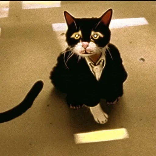 Image similar to a still of a cat in the movie reservoir dogs mr. pink