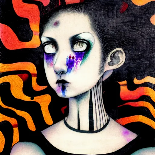 Image similar to yoshitaka amano blurred and dreamy realistic three quarter angle portrait of a young woman with black lipstick and black eyes wearing dress suit with tie, junji ito abstract patterns in the background, satoshi kon anime, noisy film grain effect, highly detailed, renaissance oil painting, weird portrait angle, blurred lost edges