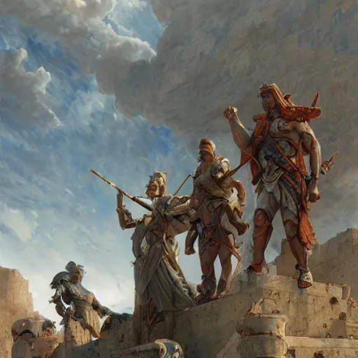 Prompt: disasterpiece Peloponnese war Gods watching above, by Edgar Maxence and Ross Tran and Michael Whelan, intricate line drawings, by Edgar Maxence and Ross Tran and Michael Whelan, 4k resolution