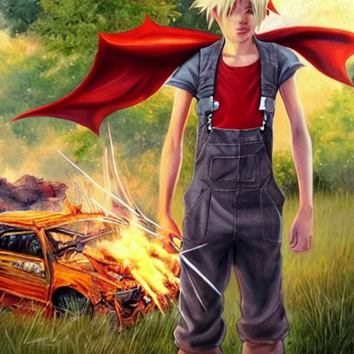 Image similar to a skinny teen boy as a fantasy elf with spiky blonde hair wearing dark brown overalls and holding a firecracker standing next to a destroyed car, painting by artgerm