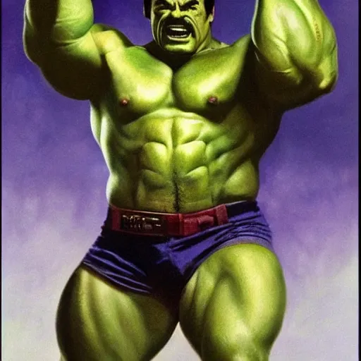 Image similar to ultra realistic portrait painting of tom selleck as hulk, art by frank frazetta, 4 k, ultra realistic, highly detailed, epic lighting