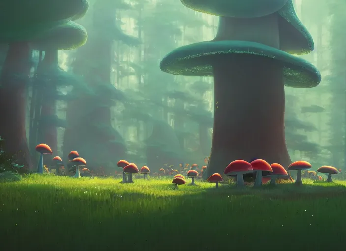 Image similar to giant mushroom forest, detailed, cory loftis, james gilleard, atey ghailan, makoto shinkai, goro fujita, studio ghibli, rim light, exquisite lighting, clear focus, very coherent, plain background, soft painting