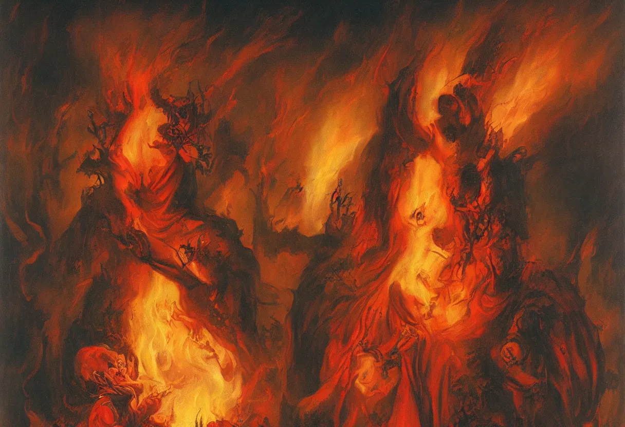 Prompt: portrait of holy mary bleeding and burning in hell, colorfully ominous background, by rutkowsky and gerald brom and frazetta and rembrandt