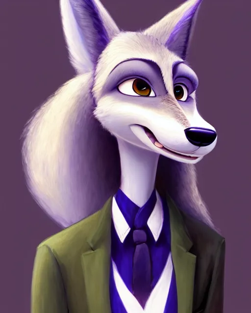 Image similar to oil painting of anthromorphic female wolf, in style of zootopia, zootopia, zootopia, fursona, furry, furaffinity, 4 k, deviantart, furry art, fursona art, wearing black business suit, business suit, in style of zootopia, wolf fursona, cyberpunk, female, very very very expressive detailed feminine face,