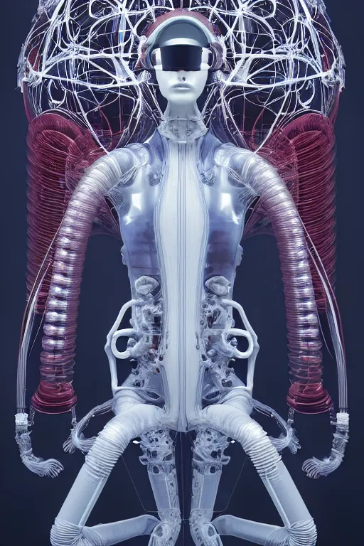 Image similar to background space station, red baroque inflateble dress iris van herpen positing on floor, helmet instead of a head, perfect symmetrical, full body shot, inflateble shapes, wires, tubes, veins, jellyfish, white biomechanical details, wearing epic bionic implants, masterpiece, intricate, biopunk, vogue, highly detailed, artstation, concept art