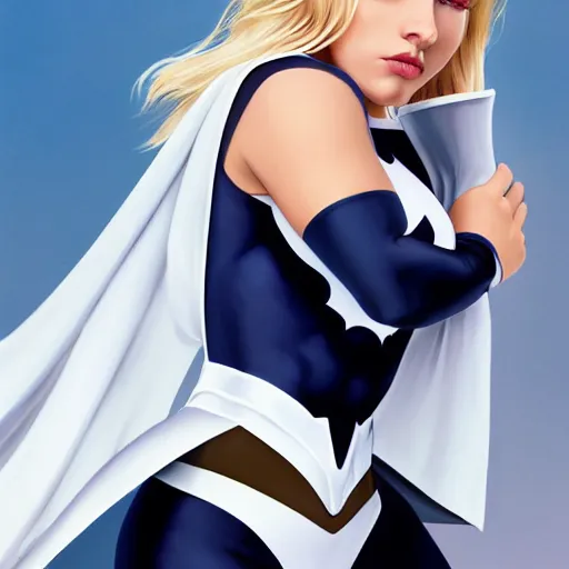 Prompt: a beautiful portrait of a beautiful cute superhero woman, blonde hair, matte navy - blue bodysuit with a white cape and white shoulders, intricate, elegant, 8 k, hdr, vivid colors, highly detailed, digital painting, concept art, smooth, sharp focus, illustration, disney, by artgerm and loish and wlop and alphonse mucha