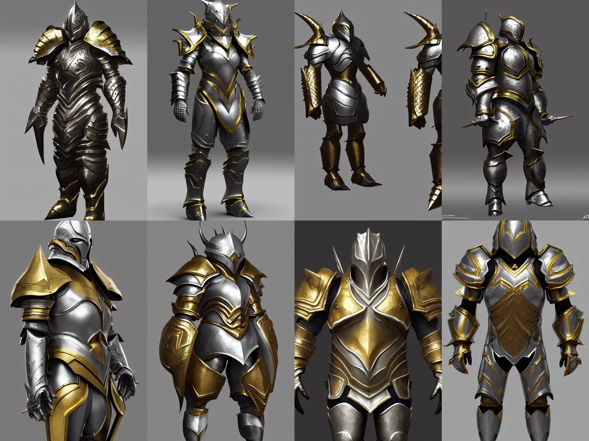 Prompt: render of heavy fantasy armor, silver with gold trim, hyperrealistic, extremely clean, exaggerated proportions, trending on Artstation, fantasy character concept, HD Octane render, 8K