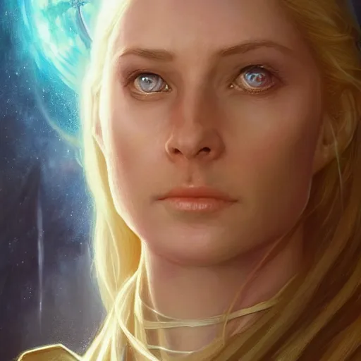 Prompt: Galadriel as a Jedi, mystical, half-body portrait, Lord of the Rings, Star Wars, science fantasy, portrait, highly detailed, digital painting, artstation, concept art, sharp focus, illustration, art by artgerm and greg rutkowski and magali villeneuve, red white and gold color scheme