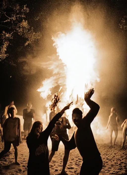 Image similar to photograph of people dancing around a bonfire on the beach, flash polaroid, golden hour