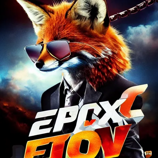 Prompt: epic action adventure movie poster featuring an anthropomorphic fox with cool metal framed sunglasses, wearing a black suit, lots of fried chicken flying in the background, promotional media