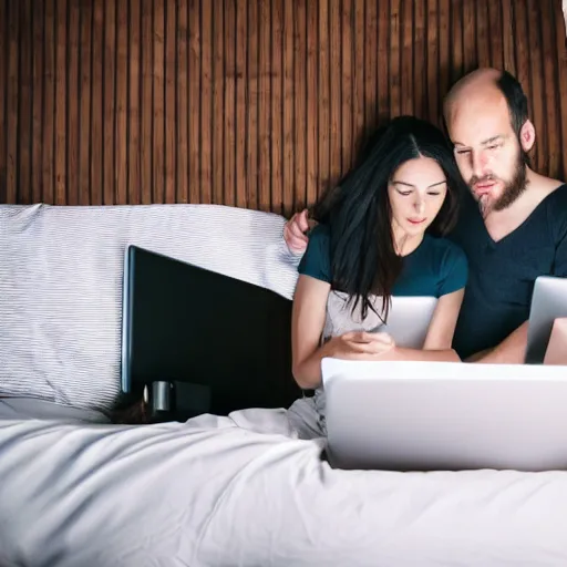 Prompt: man and woman in bed working on their laptops