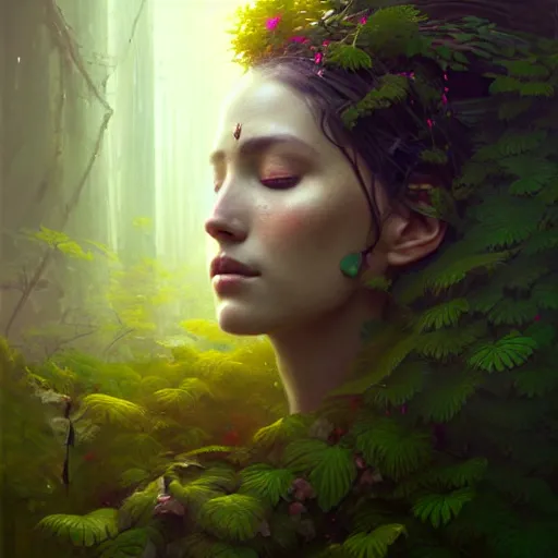 Image similar to a beautiful portrait of a plant goddess with closed eyes by Greg Rutkowski and Raymond Swanland, Trending on Artstation, ultra realistic digital art